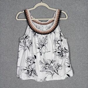 Crochet Neckline Floral Tank Top Large White Black Flowy Cottage Vaca Feminine